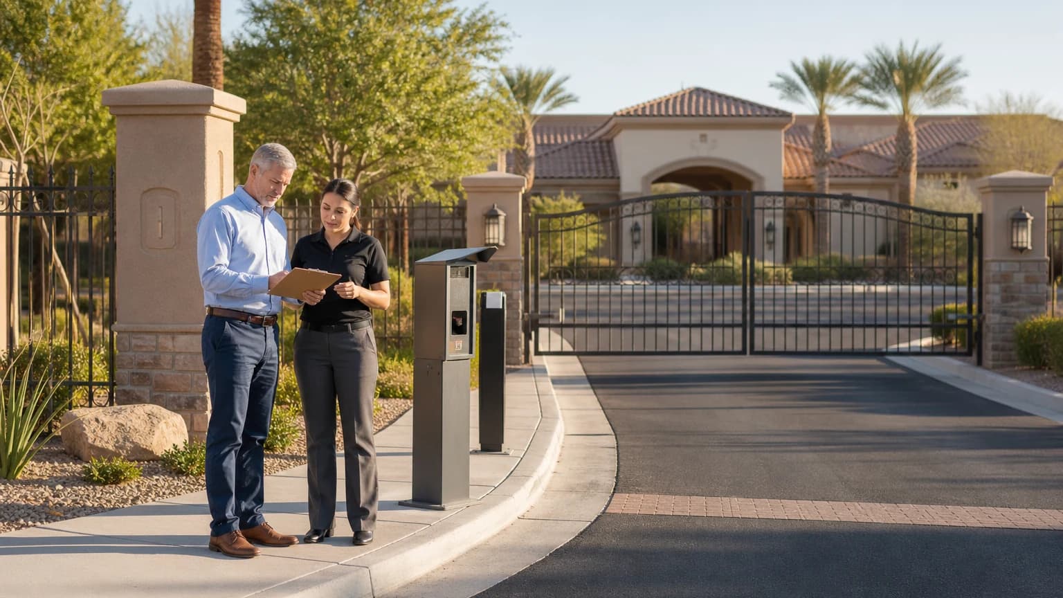 HOA access control systems Las Vegas board member reviewing a gated community entry with a security consultant