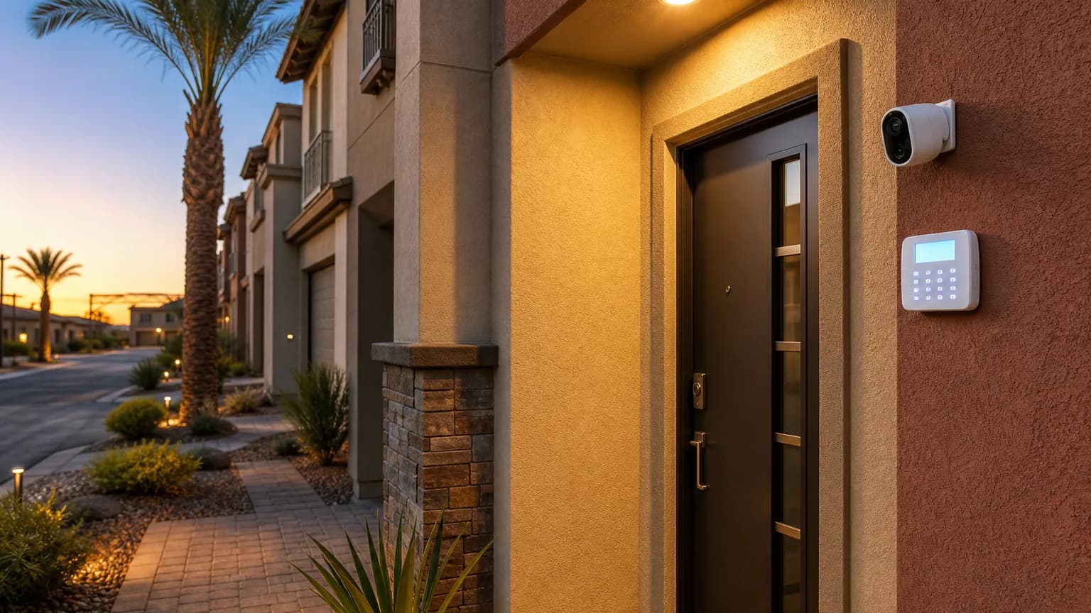 Home security alarm keypad and camera installed at a Spring Valley NV townhome entry near Las Vegas