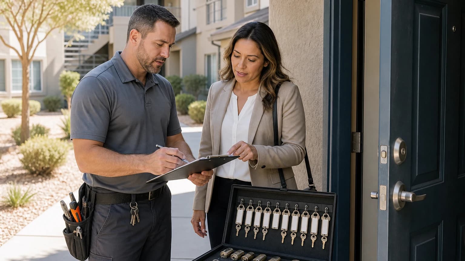 Property management locksmith Las Vegas service-scope review with a key inventory at a multifamily entry