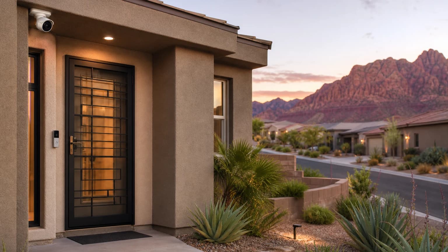 Residential perimeter security Las Vegas home with camera, video doorbell, and security screen