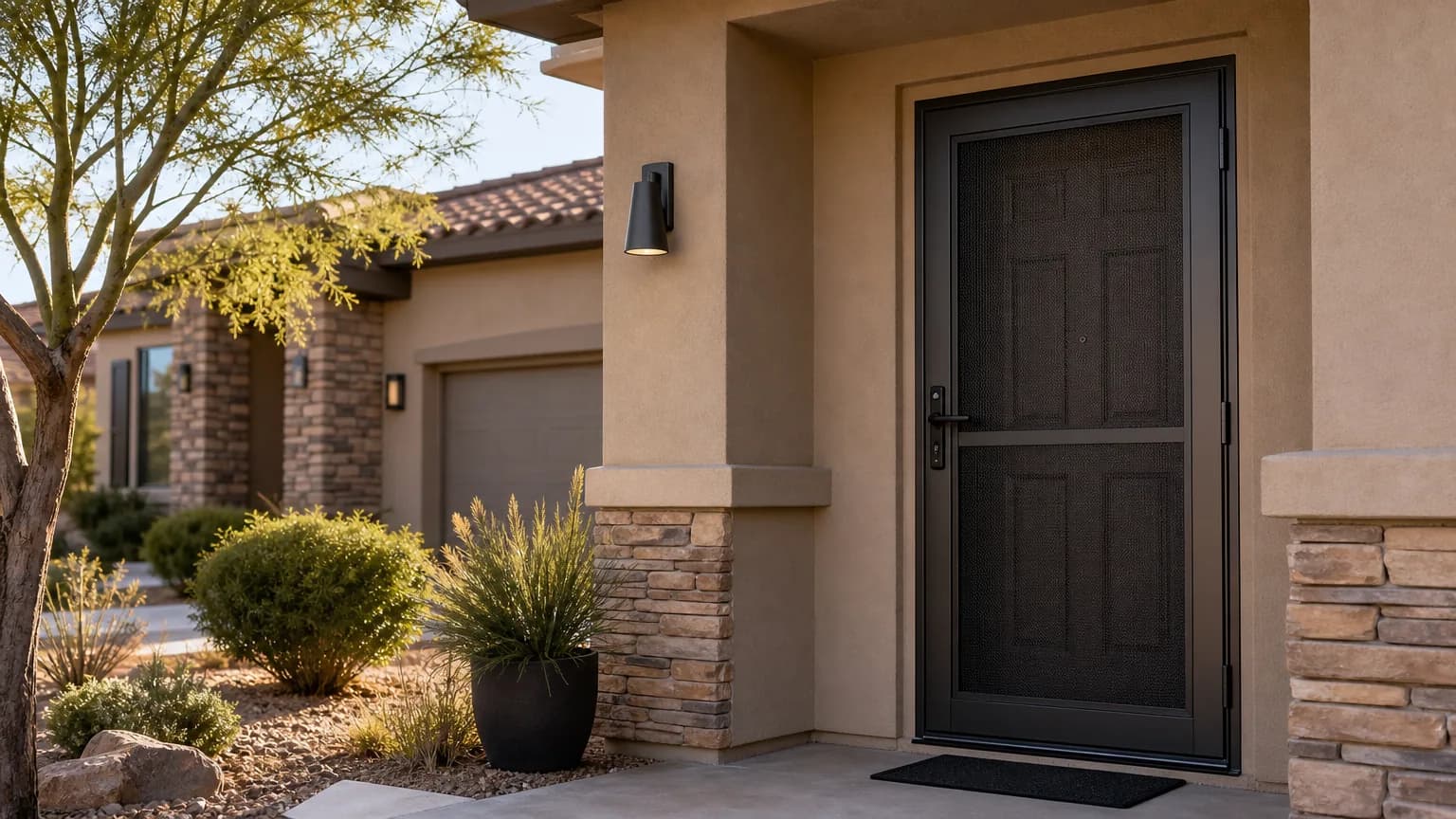 Security screens Las Vegas home entry with fitted mesh door and desert landscaping
