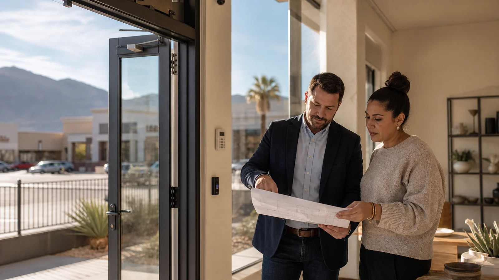 Small business security systems Las Vegas planning review at a local storefront entrance