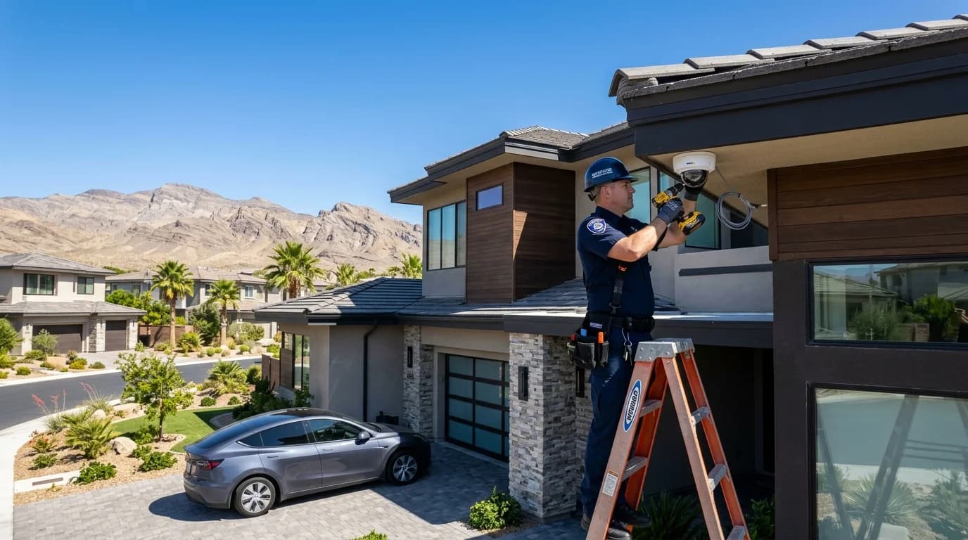 ASAP Security technician mounting an HD camera on a Las Vegas building