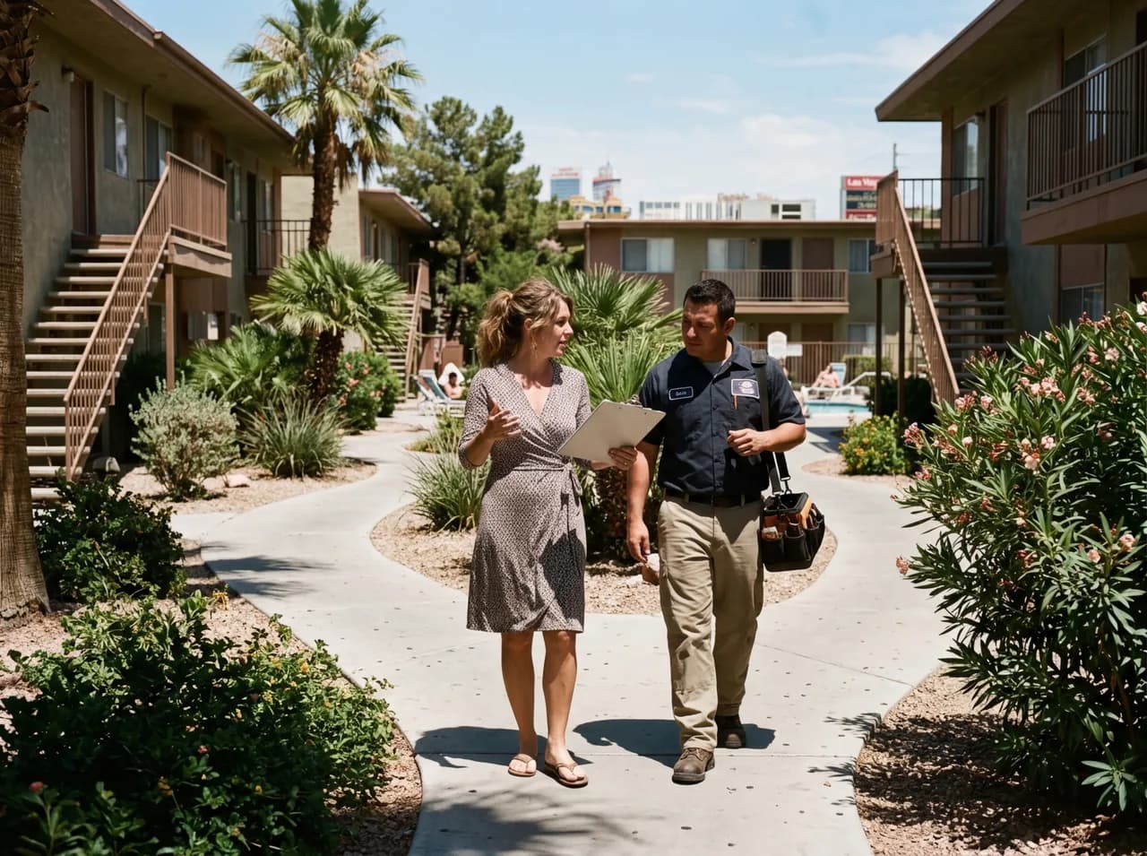 Property manager walking a Las Vegas apartment complex with an ASAP Security technician