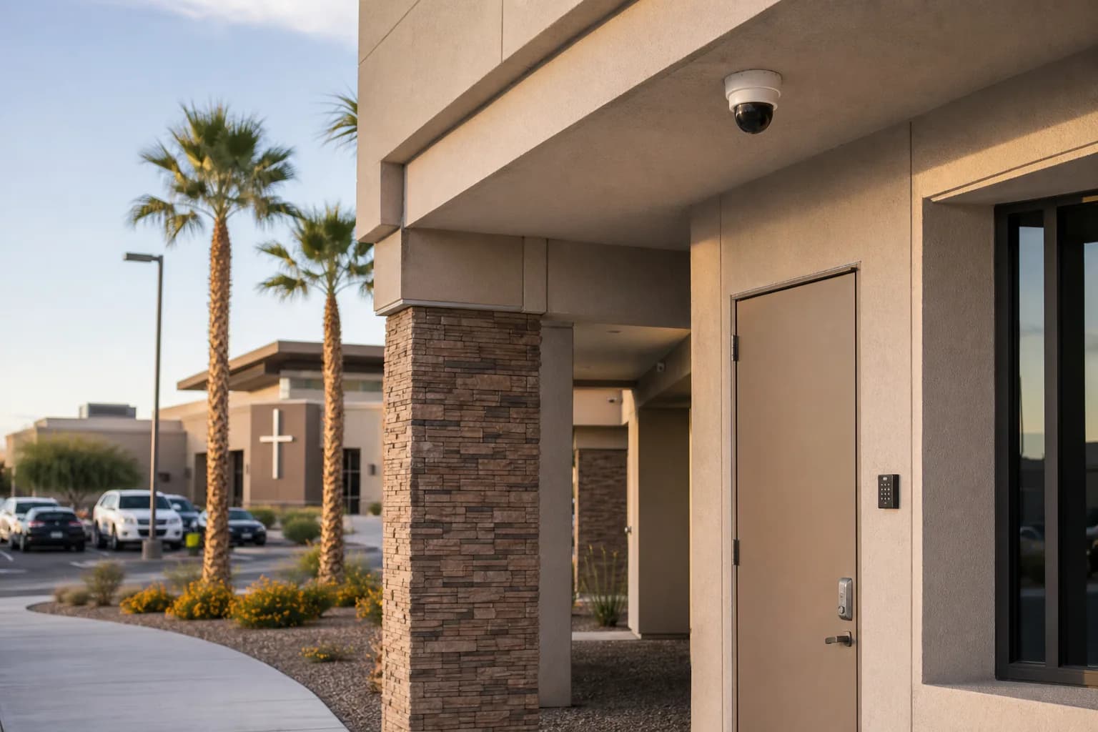 Church security systems Las Vegas access control keypad and camera at a Southern Nevada house of worship entrance