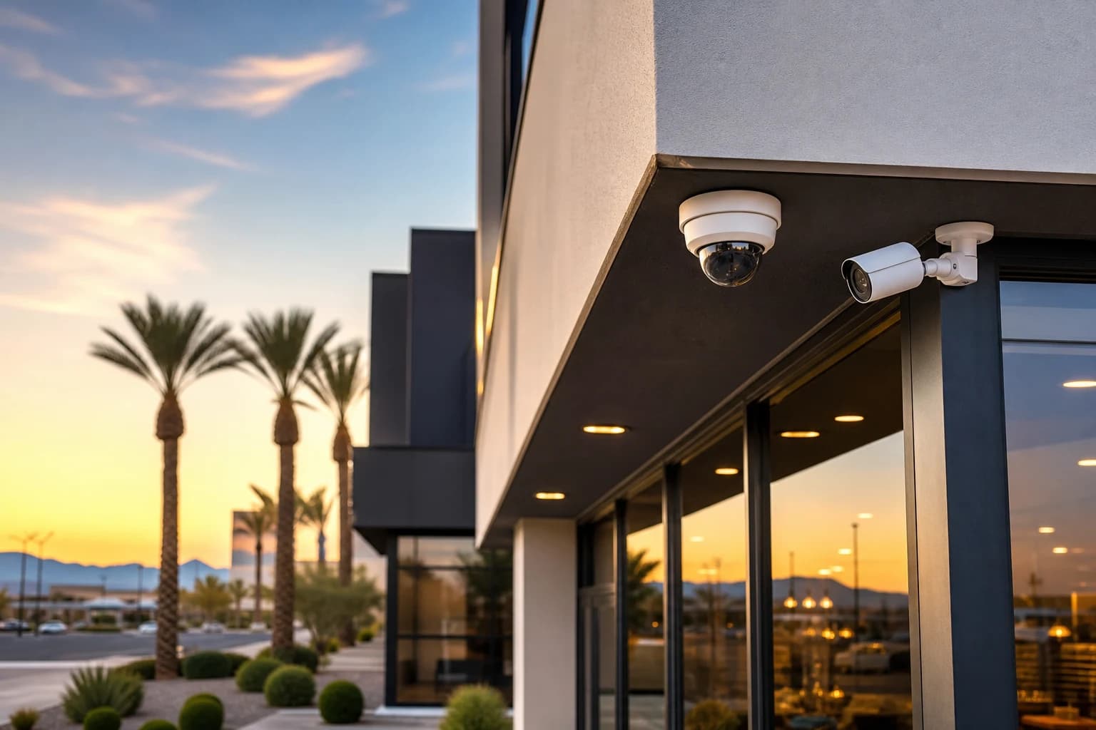 Commercial security cameras mounted outside a Las Vegas business entrance