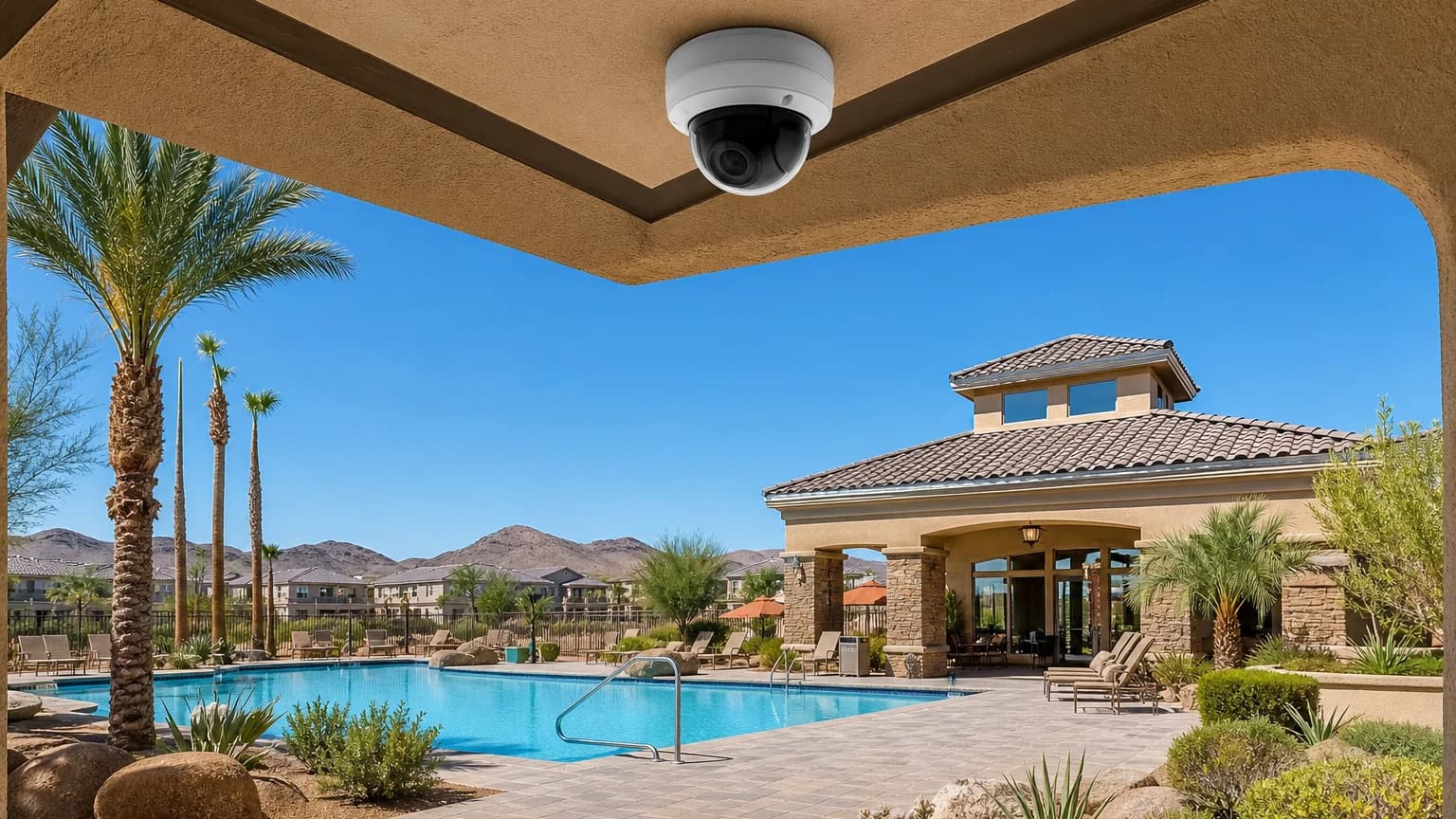 HOA common-area security cameras covering a pool and clubhouse area in a Las Vegas community