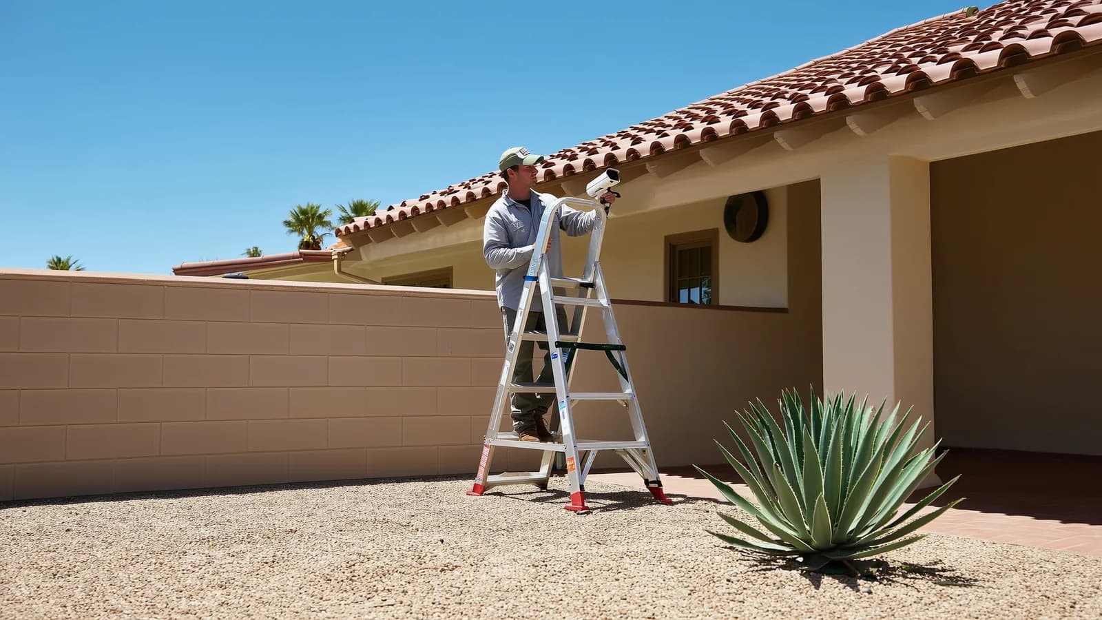 Technician mounting a camera for home security camera placement on a Las Vegas home