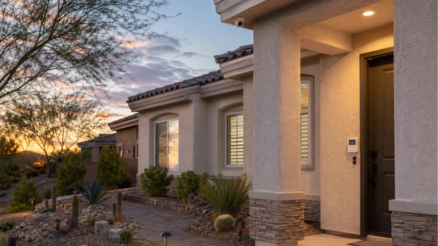 Home security in Henderson NV alarm keypad and camera installed at a stucco home entry with desert landscaping