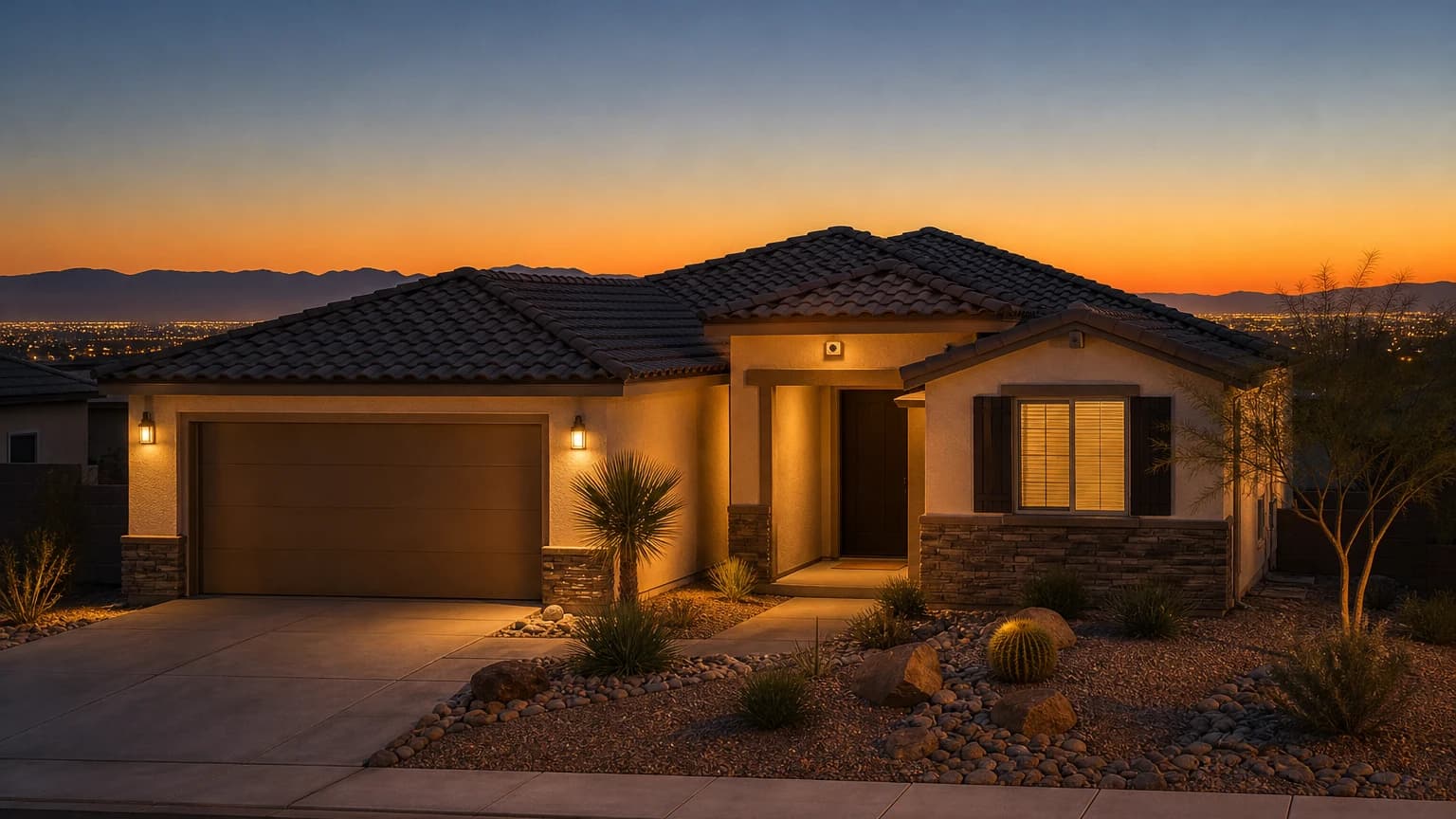 Home security in North Las Vegas NV shown by a stucco home at dusk with a security camera mounted near the front door