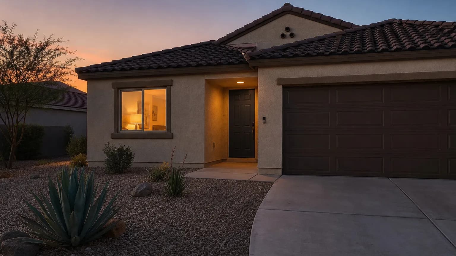 Home security while traveling in Las Vegas shown by a lit stucco home at dusk with a video doorbell and closed garage