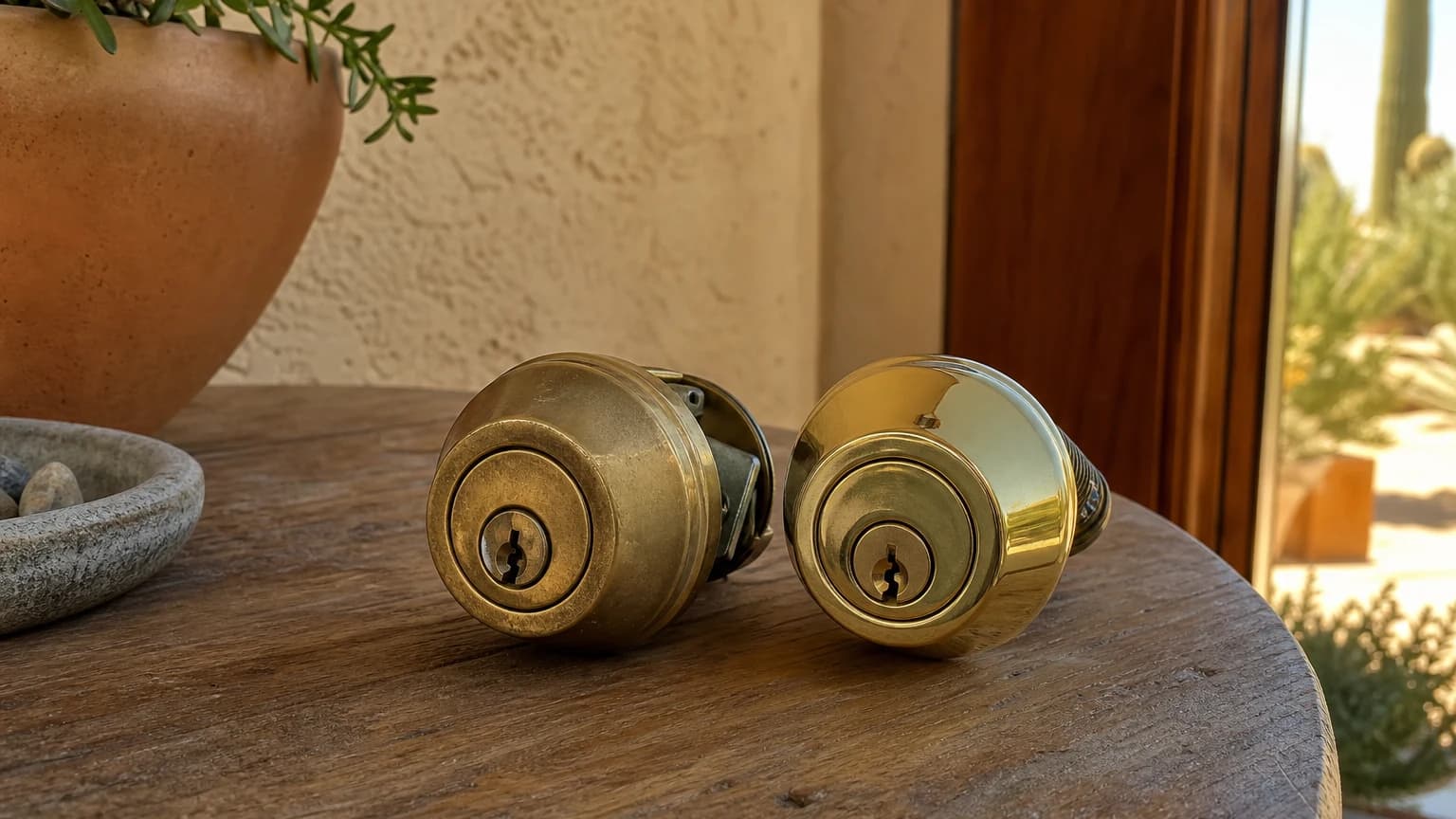 Worn and new brass deadbolt lock cylinders side by side, comparing rekeying and lock replacement in Las Vegas