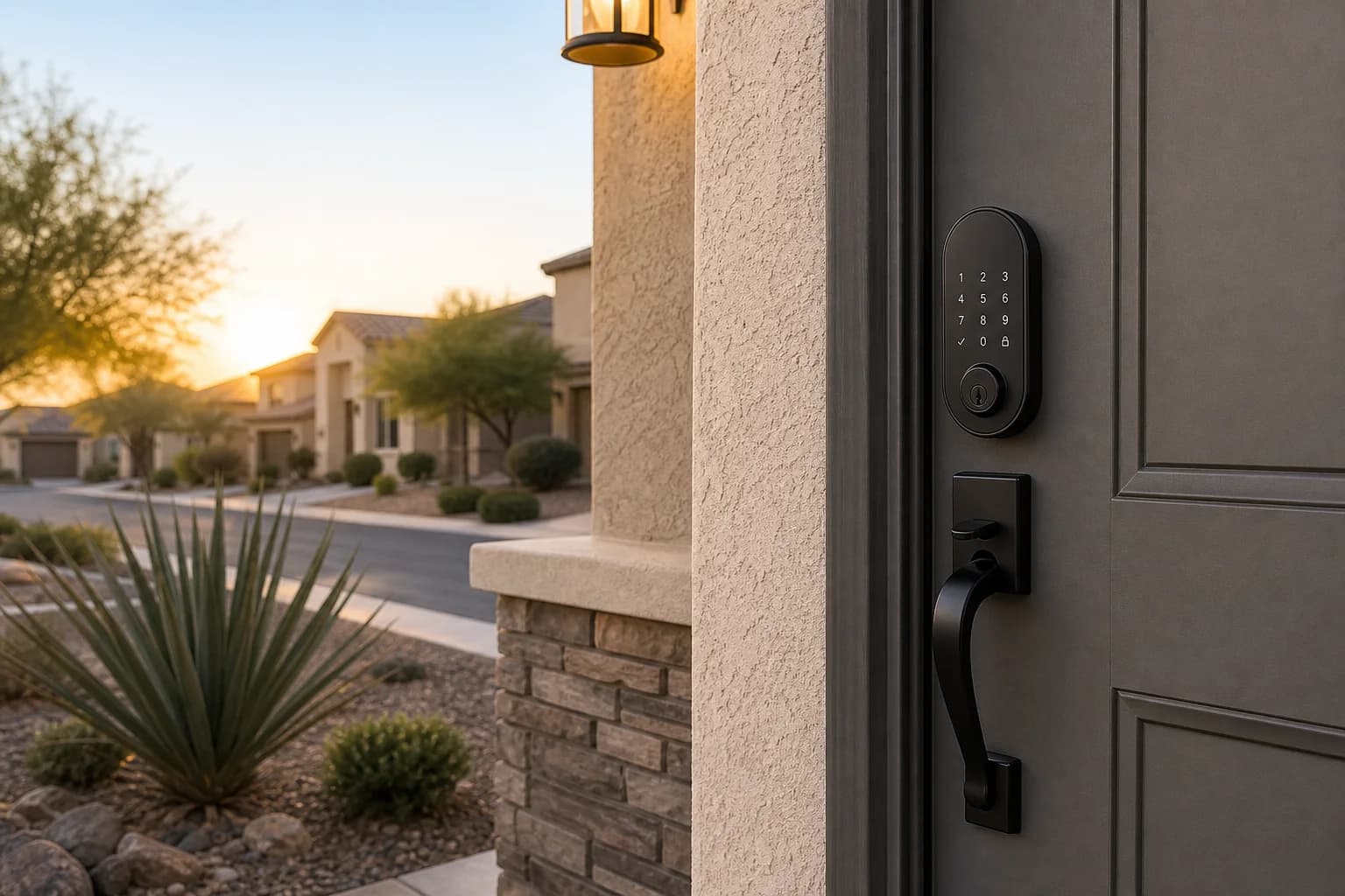 Smart lock installation on the front door of a Las Vegas home at dusk, keypad deadbolt close-up