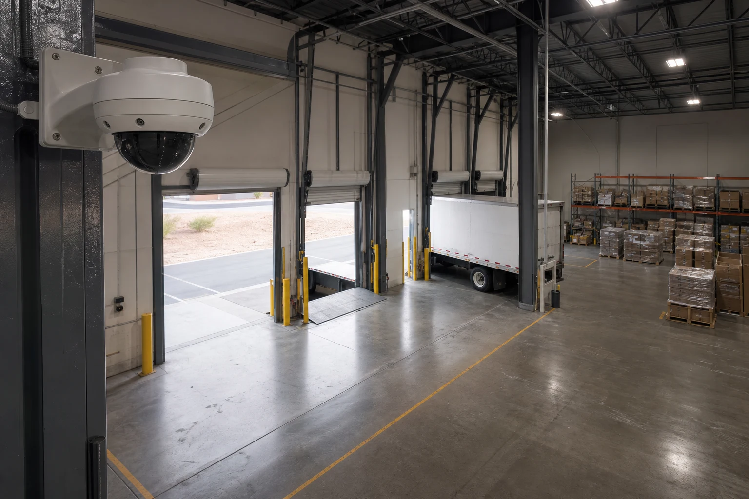 Wide-angle commercial security camera mounted at a warehouse loading dock in Las Vegas