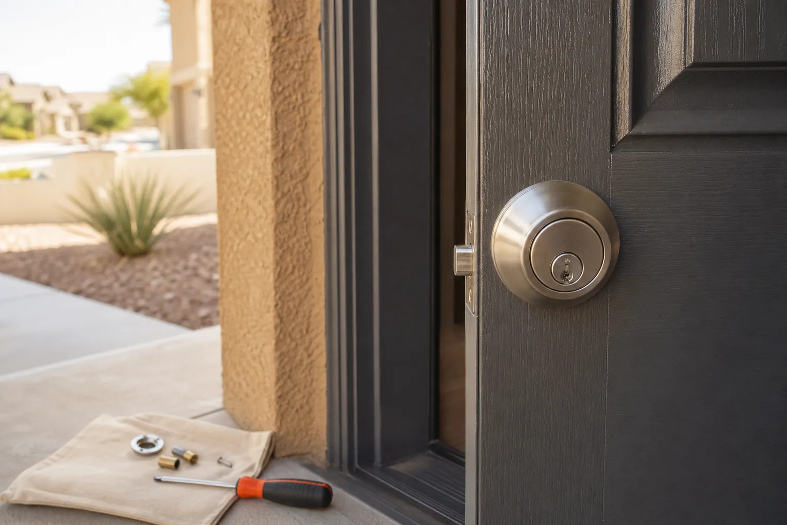 Deadbolt lock installation on the front door of a home in Spring Valley, NV