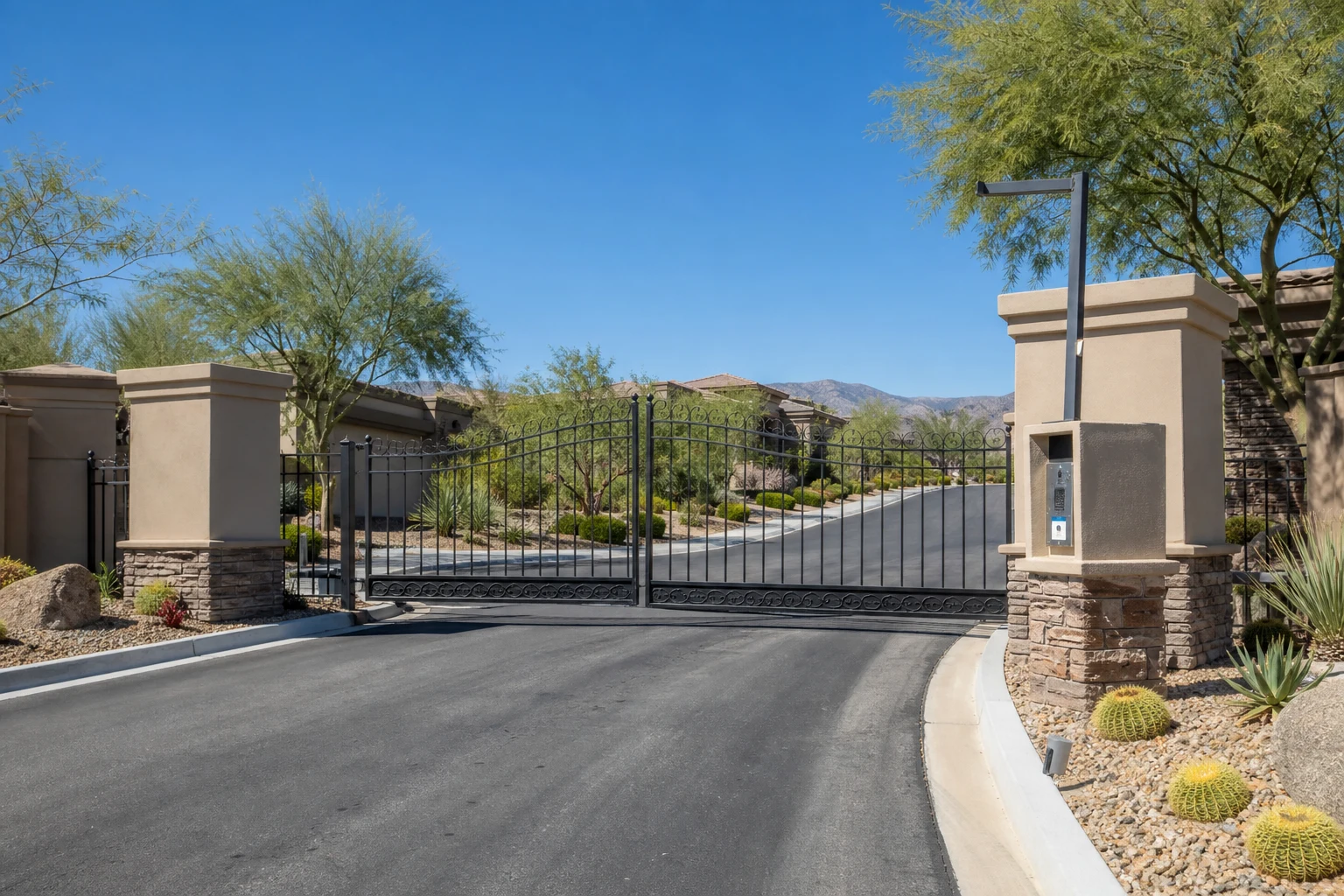 Gated community entrance with controlled access in Summerlin, Las Vegas