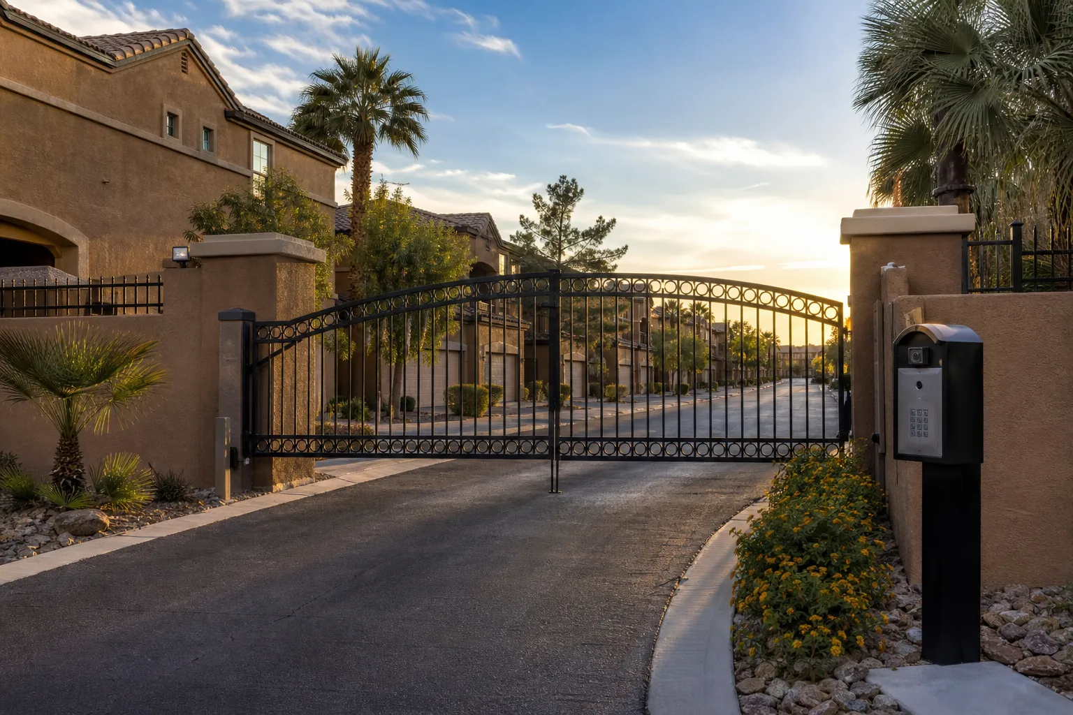 Gated townhome community entrance with a keypad access panel in Spring Valley, NV