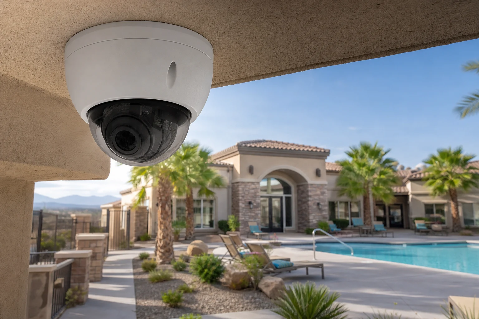 Security camera mounted under a covered walkway overlooking an HOA community pool and clubhouse entrance in Las Vegas