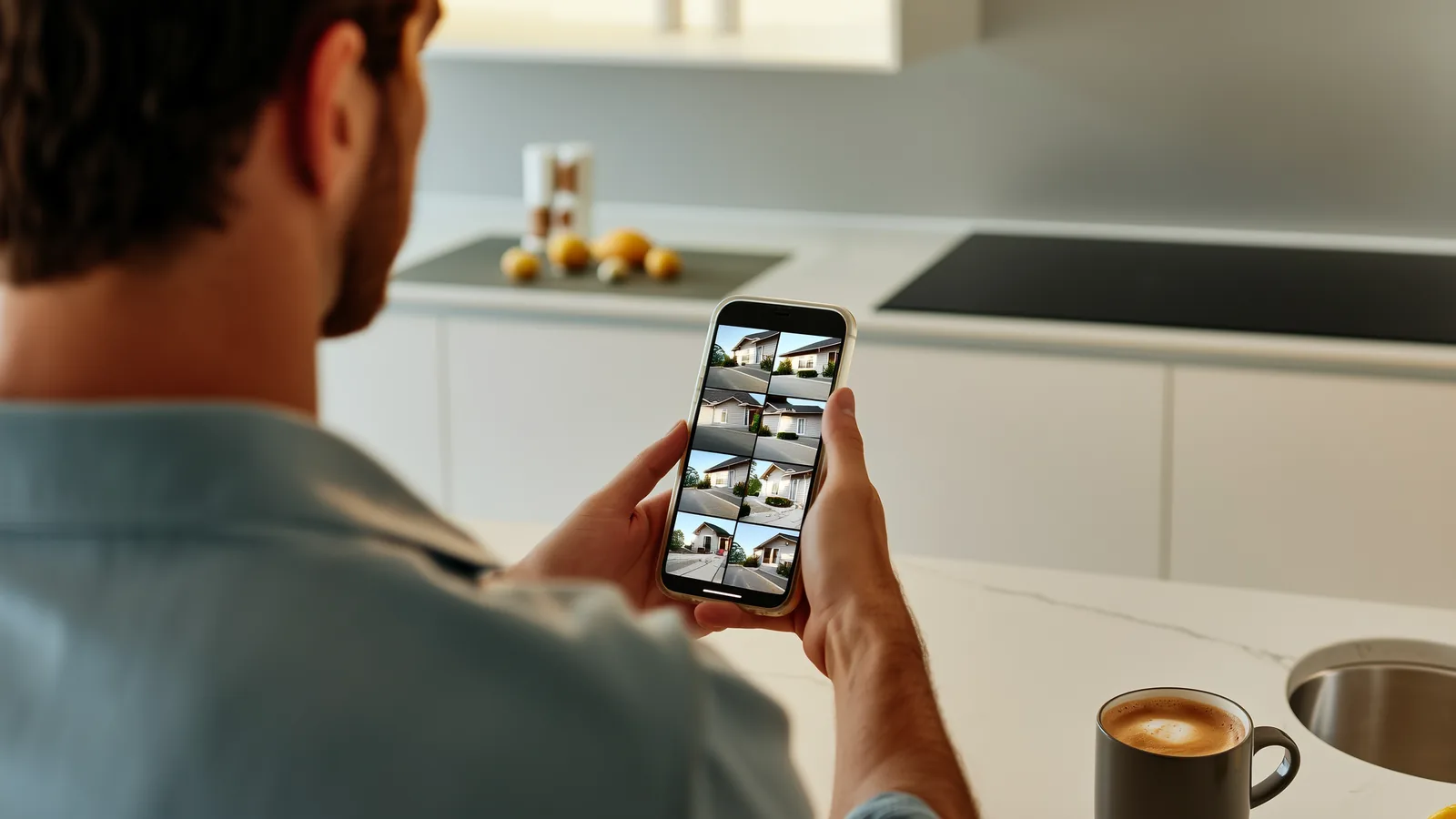 Homeowner checking live security camera feeds on a smartphone