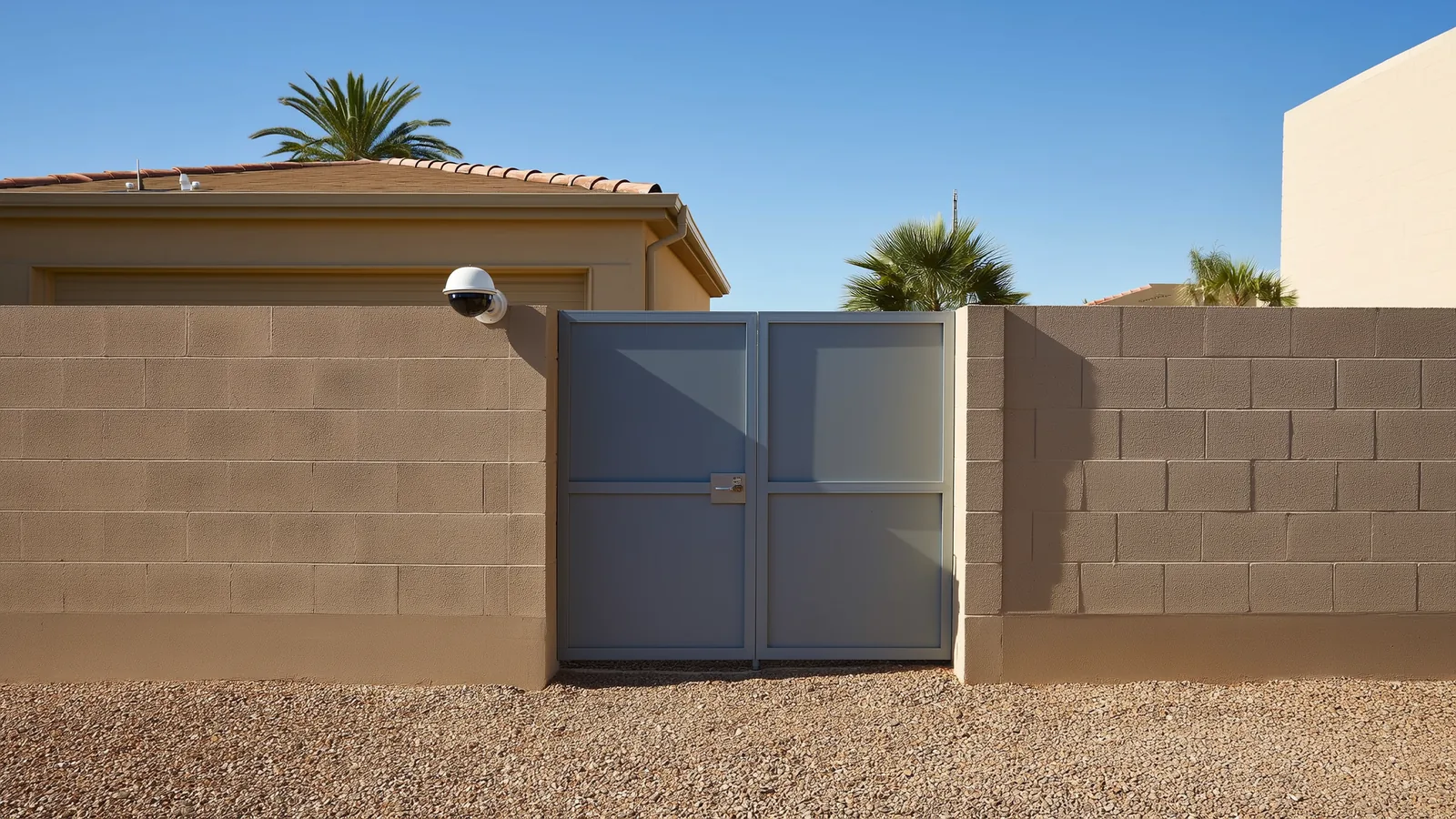 Security camera covering a side gate between block walls at a Las Vegas home
