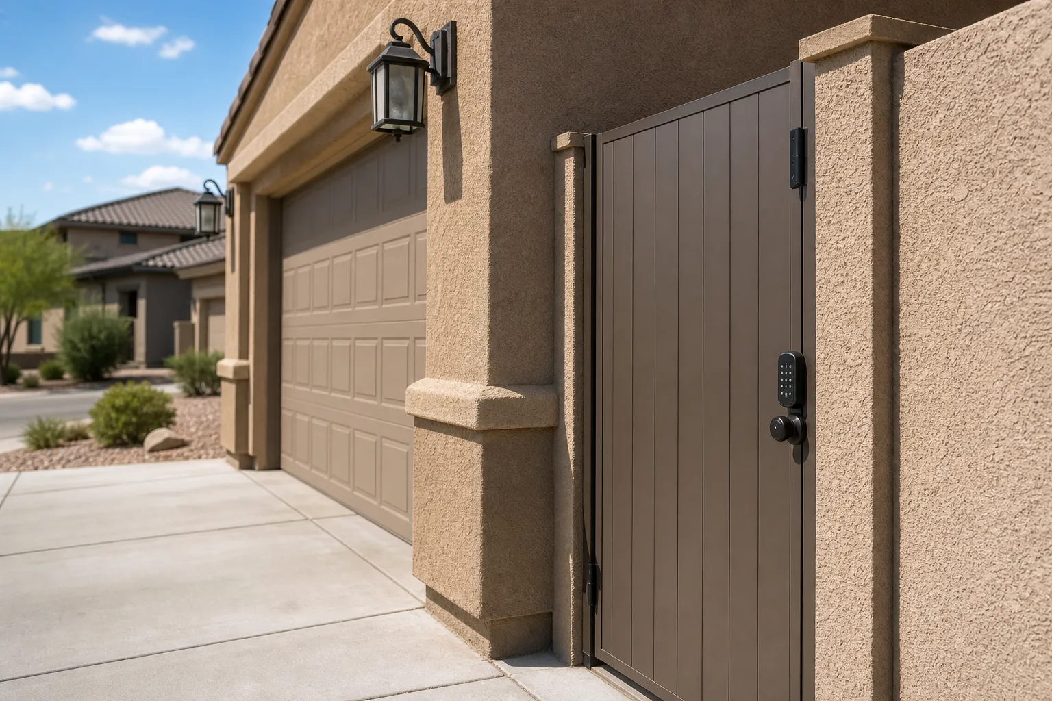Las Vegas home garage door and side gate with a keypad smart lock in bright daylight