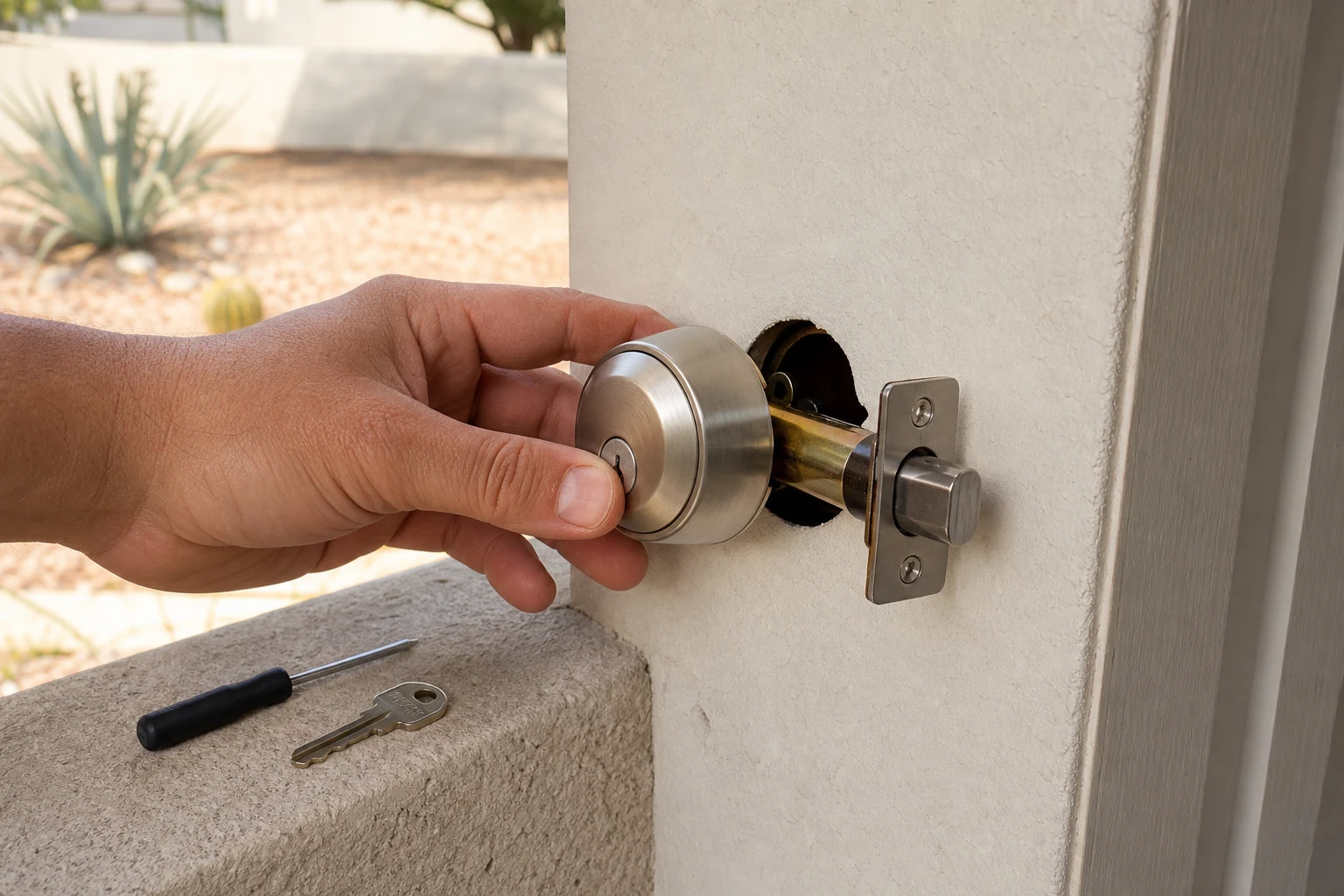 Hand installing a new deadbolt lock on the front door of a home in North Las Vegas, Nevada