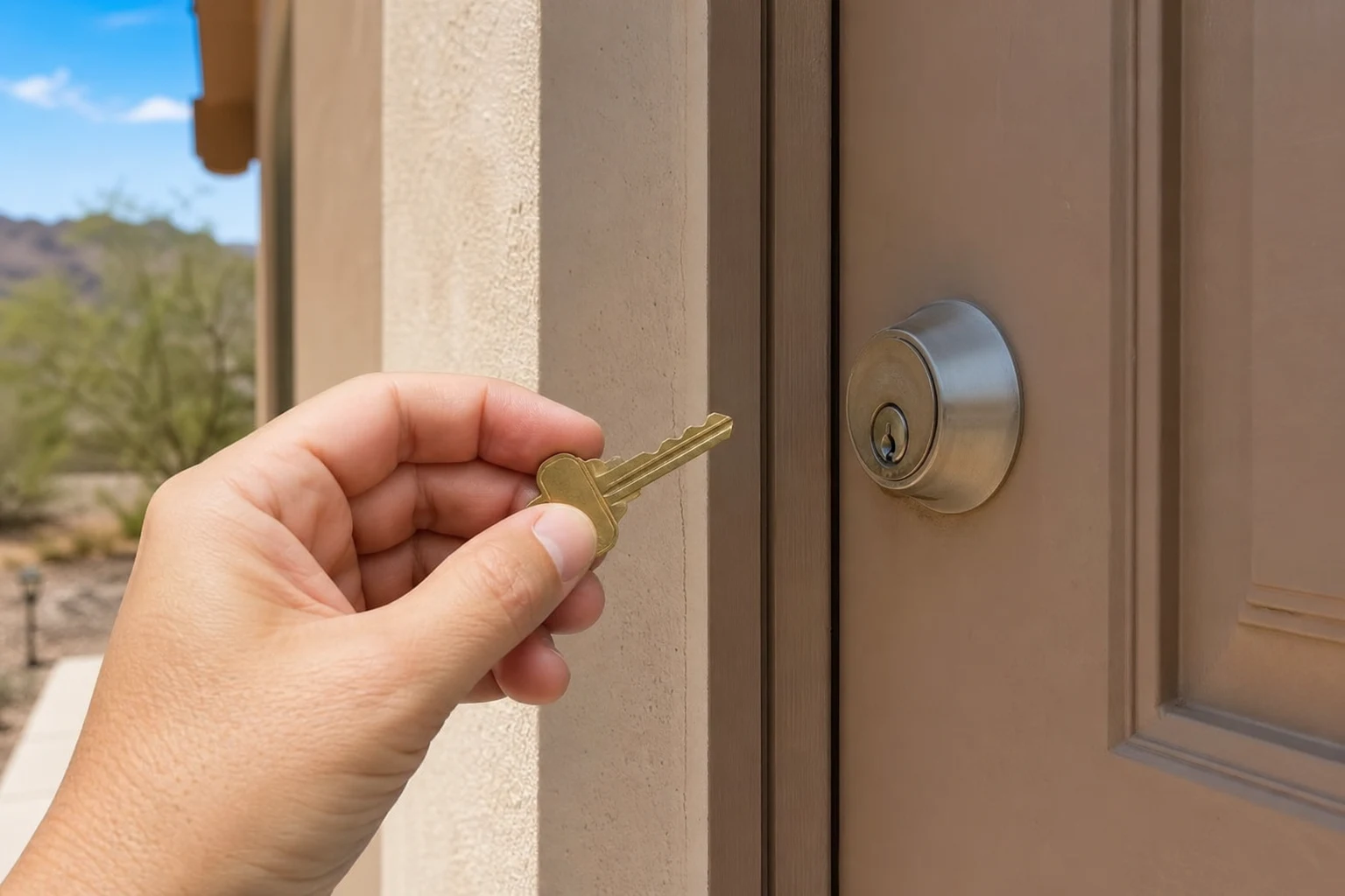 Homeowner holding a new key to a rekeyed deadbolt lock on a Las Vegas front door