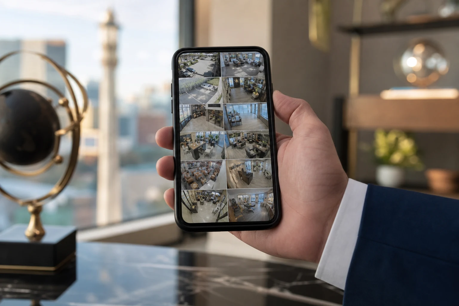 Business owner checking commercial security camera feeds remotely on a smartphone