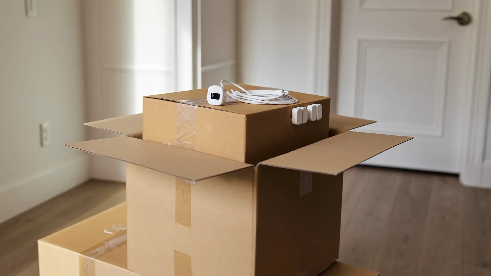 Portable camera and door sensors on moving boxes in a rental hallway