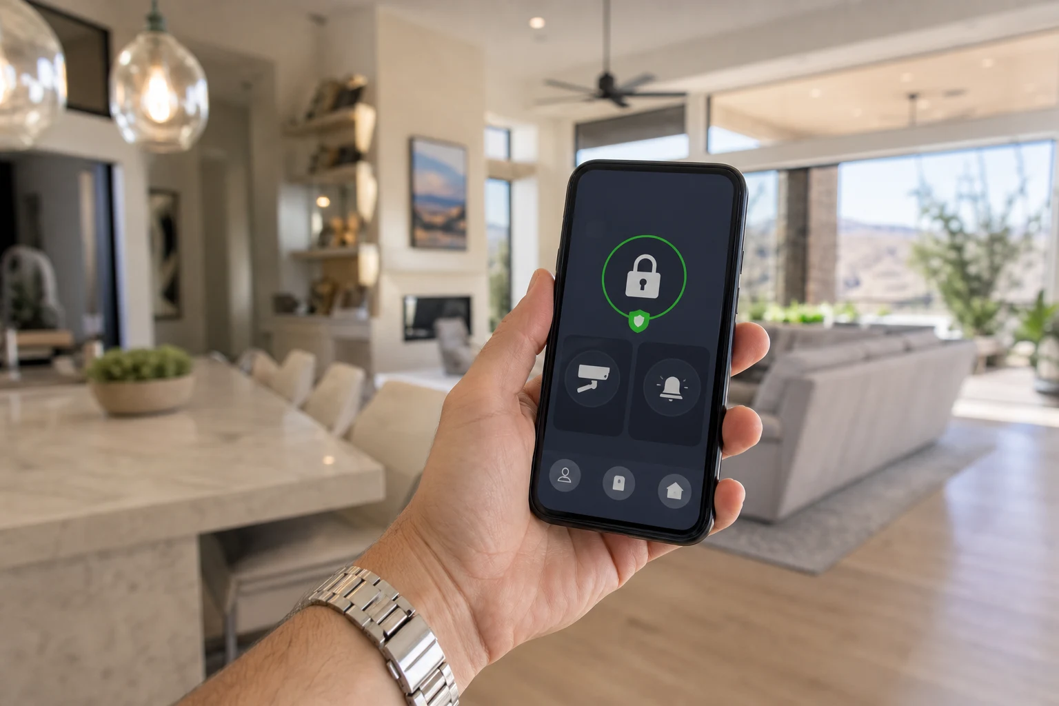 Homeowner arming a smart home security system from a smartphone app inside a Summerlin home