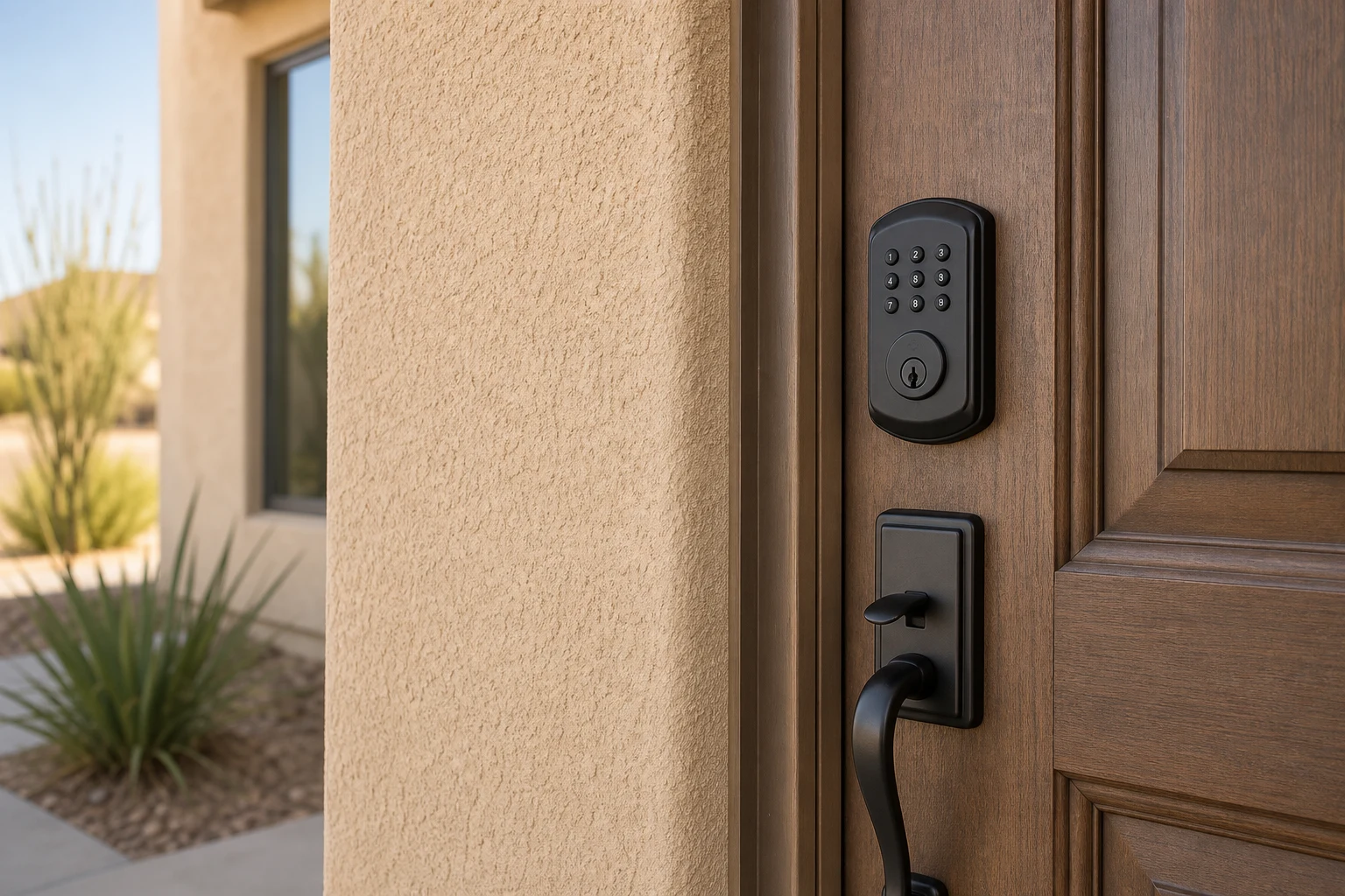 Modern keypad smart lock on a front door during a lock replacement upgrade in Las Vegas