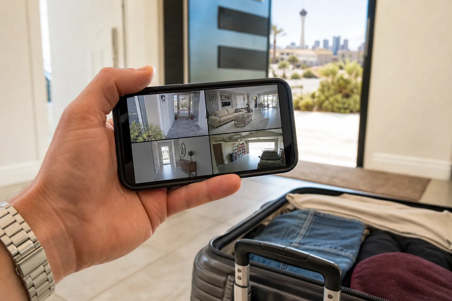 Smartphone showing a four-camera home security view next to a packed suitcase before a Las Vegas trip