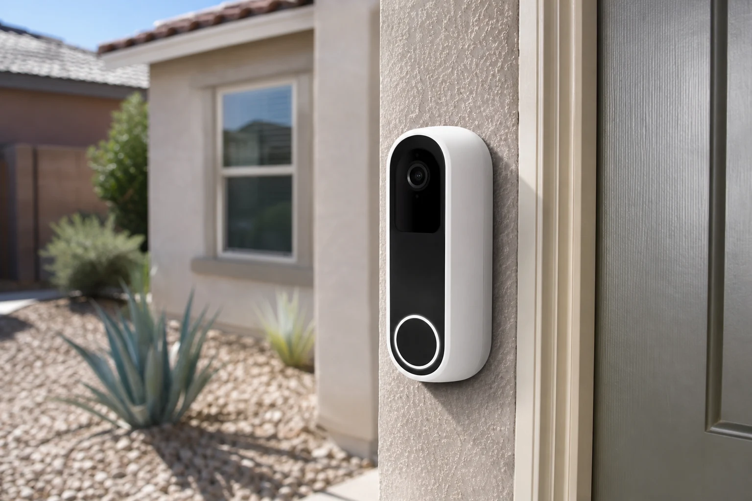 Video doorbell camera mounted beside the front door of a home in North Las Vegas, Nevada
