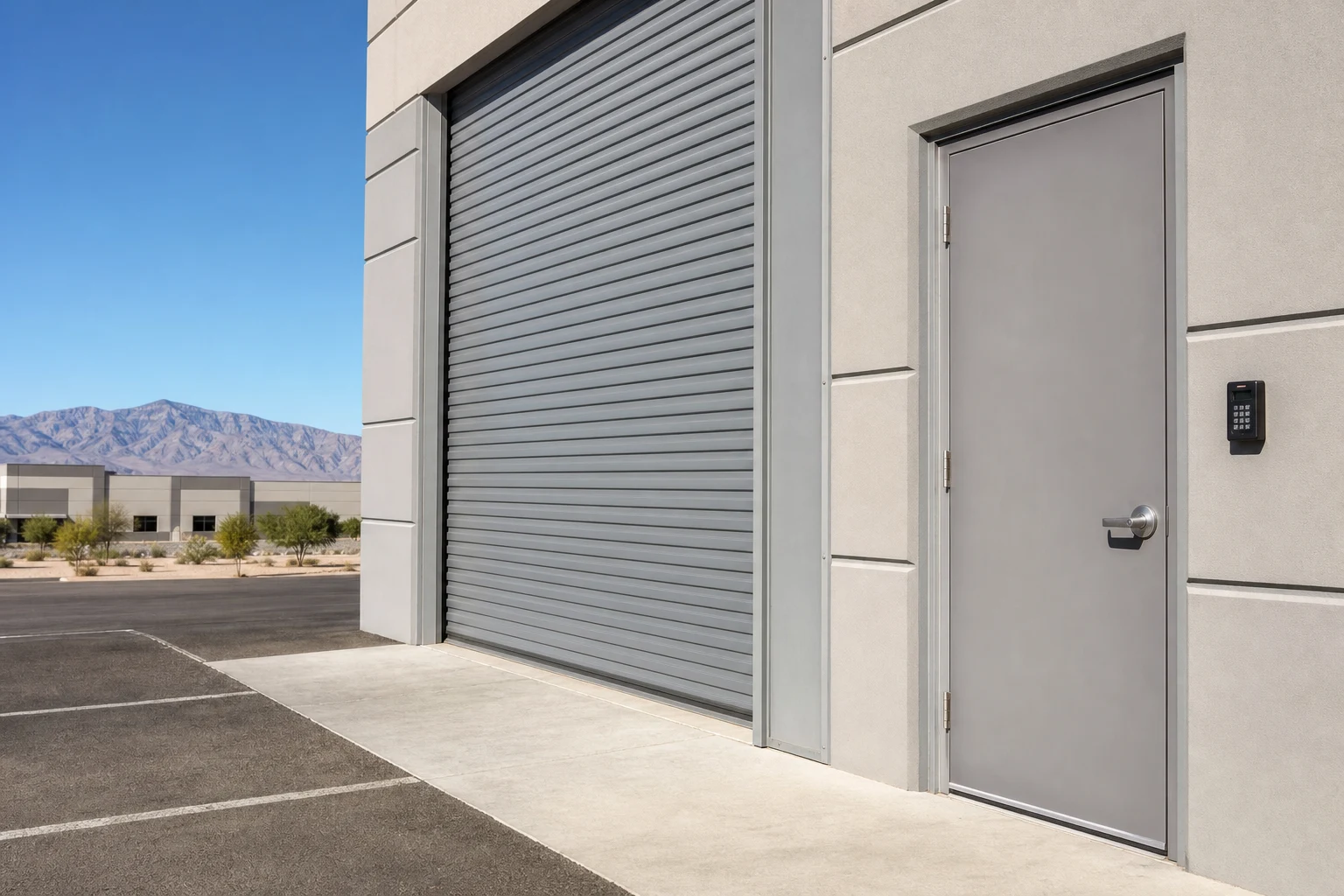 Warehouse exterior with a keypad access control reader mounted beside a roll-up door entrance in North Las Vegas