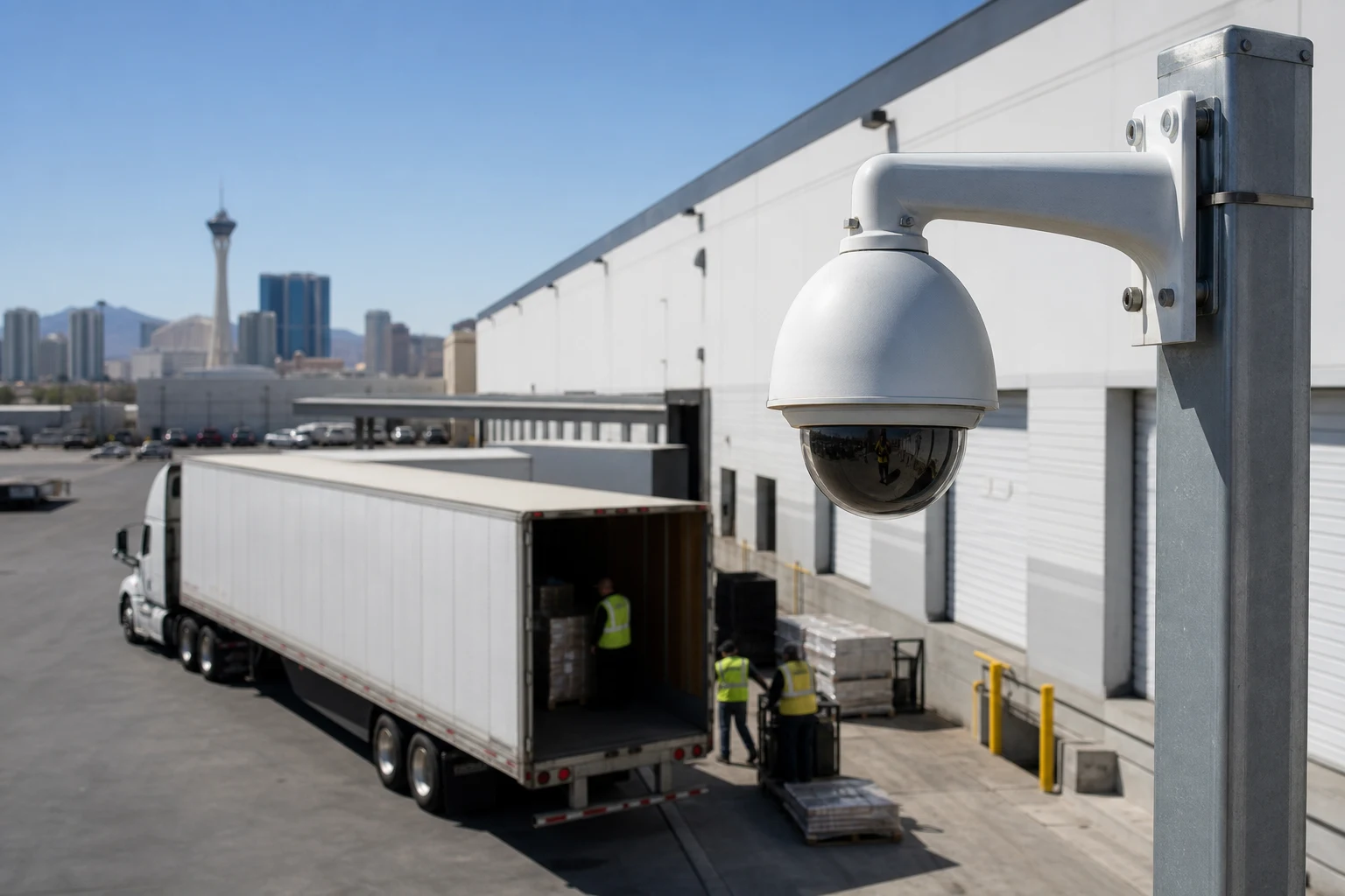 Security camera mounted above a warehouse loading dock monitoring trucks and freight activity in Las Vegas